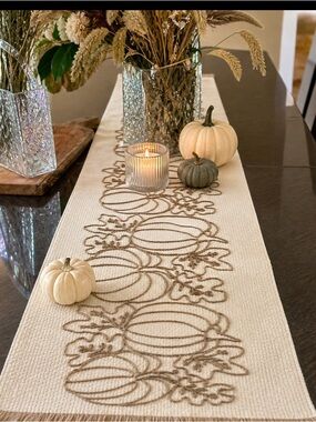 Arket Cream Table Runner with Brown Pumpkin Embroidery